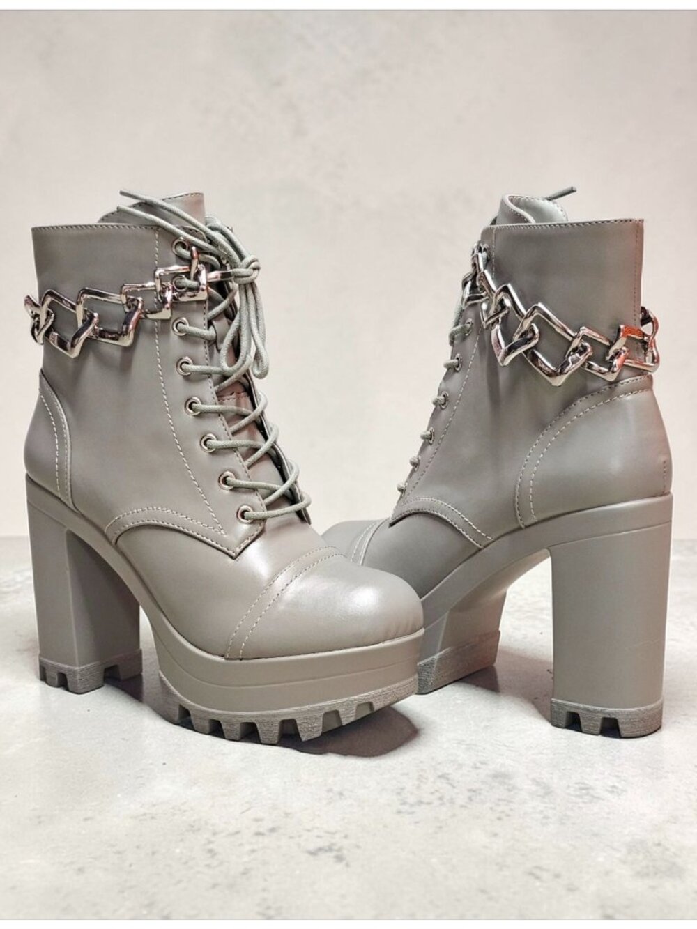 Chunky Platform Lace-Up Ankle Boots With Chain Detail In Light Olive Faux Leathe